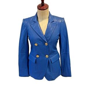 L’AGENCE Royal Blue Double Breasted Leather Blazer New Small